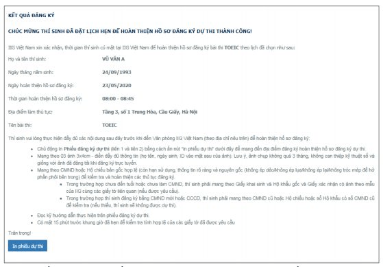 Email chúc mừng đặt lịch thi TOEIC thành công