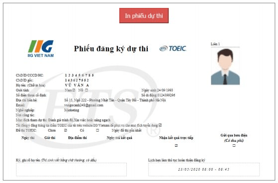 In phiếu dự thi TOEIC